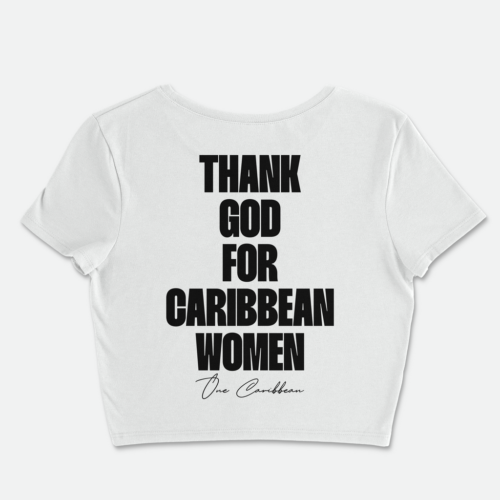 White crop top with black text on a white background