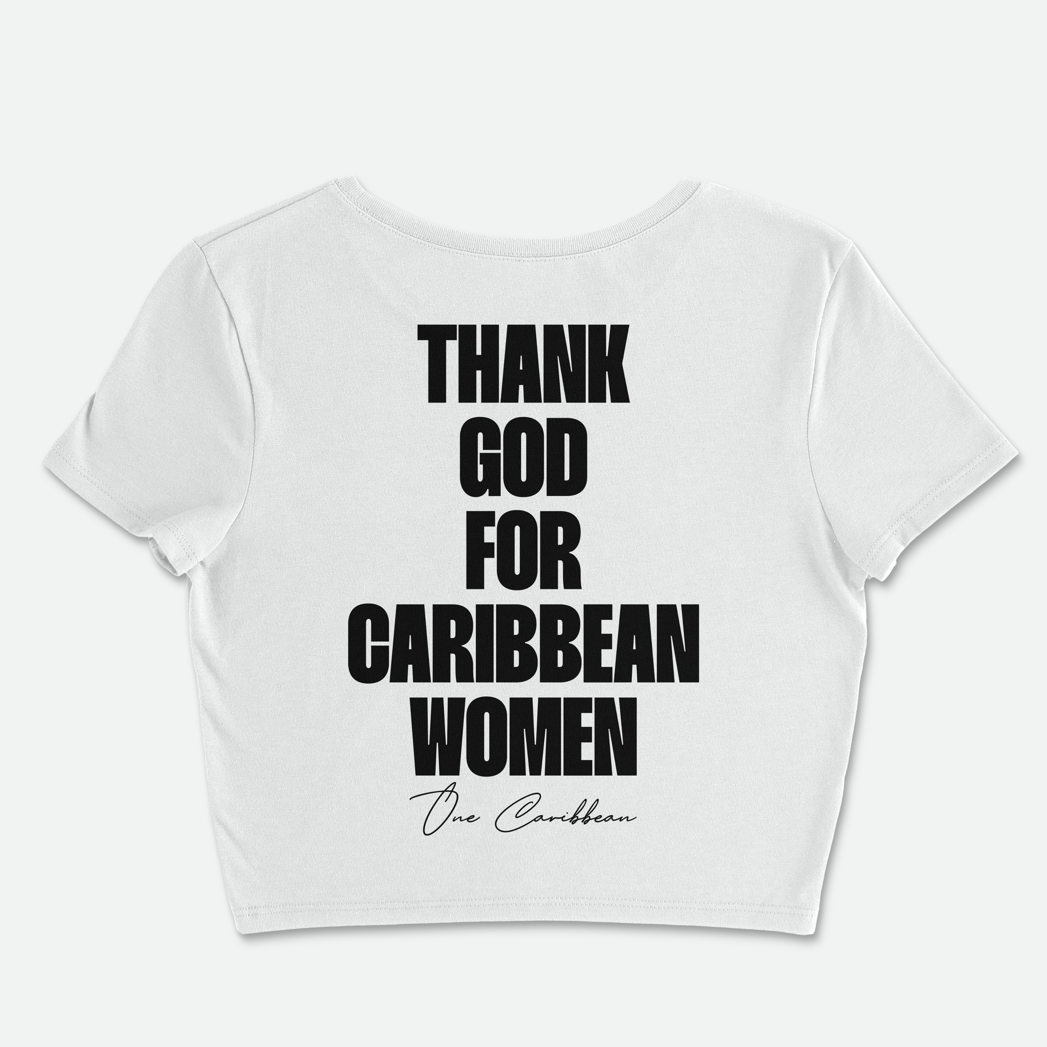White crop top with black text on a white background