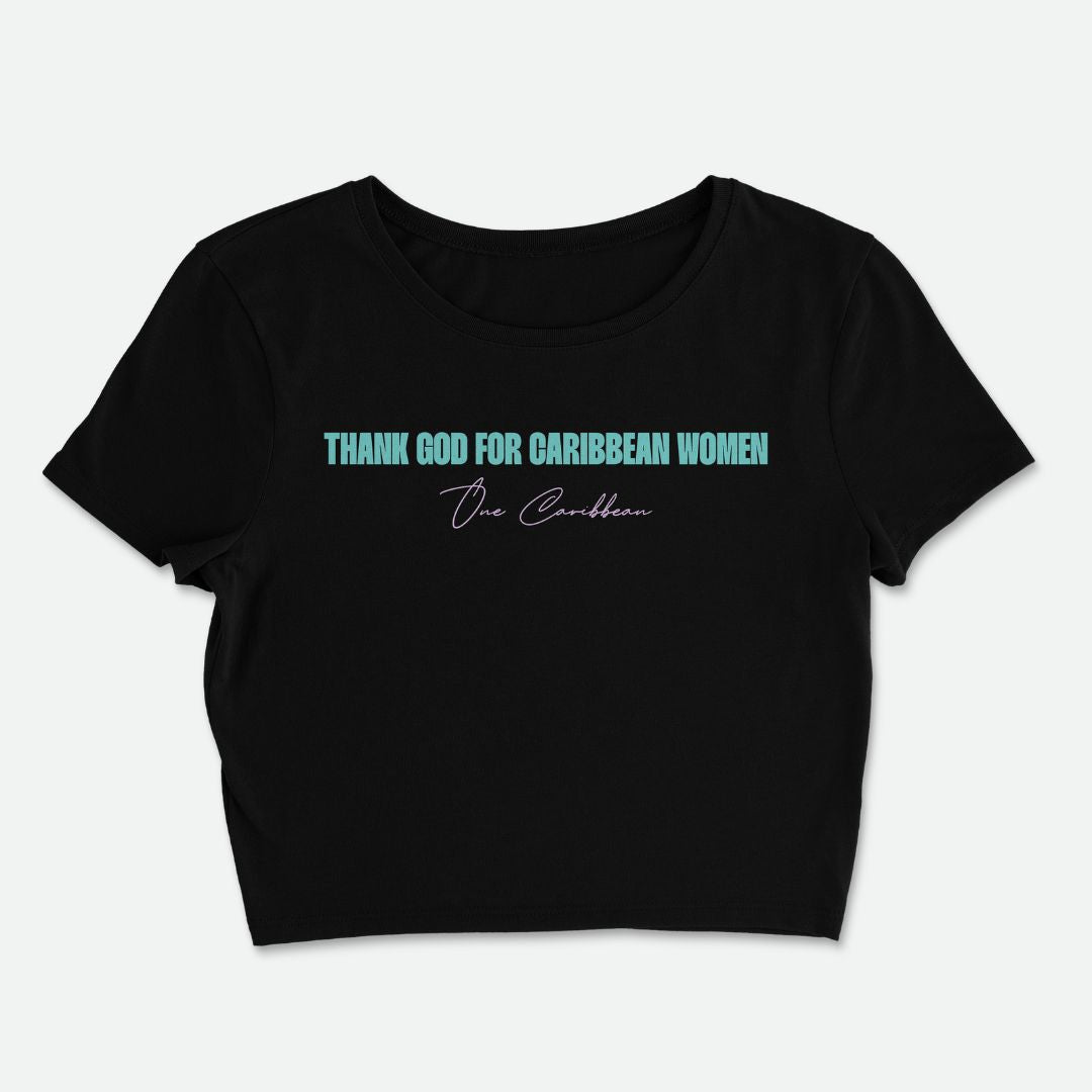 Black crop top with text on a white background