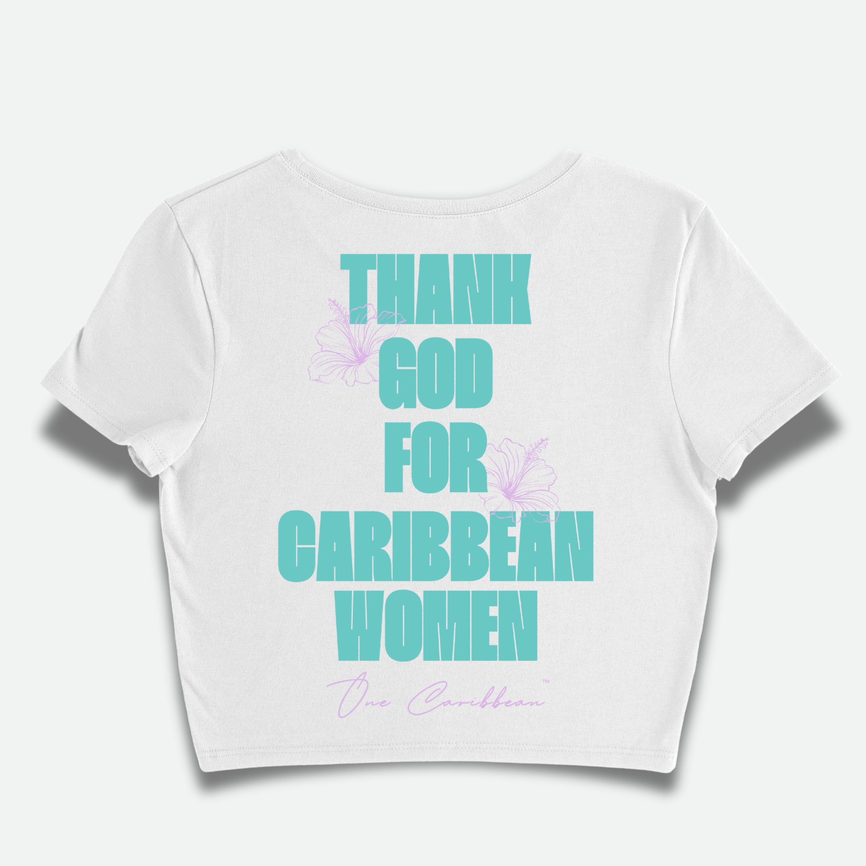 A black cropped tee with the text 'THANK YOU GOD FOR CARIBBEAN WOMEN' printed in green and purple on the front.
