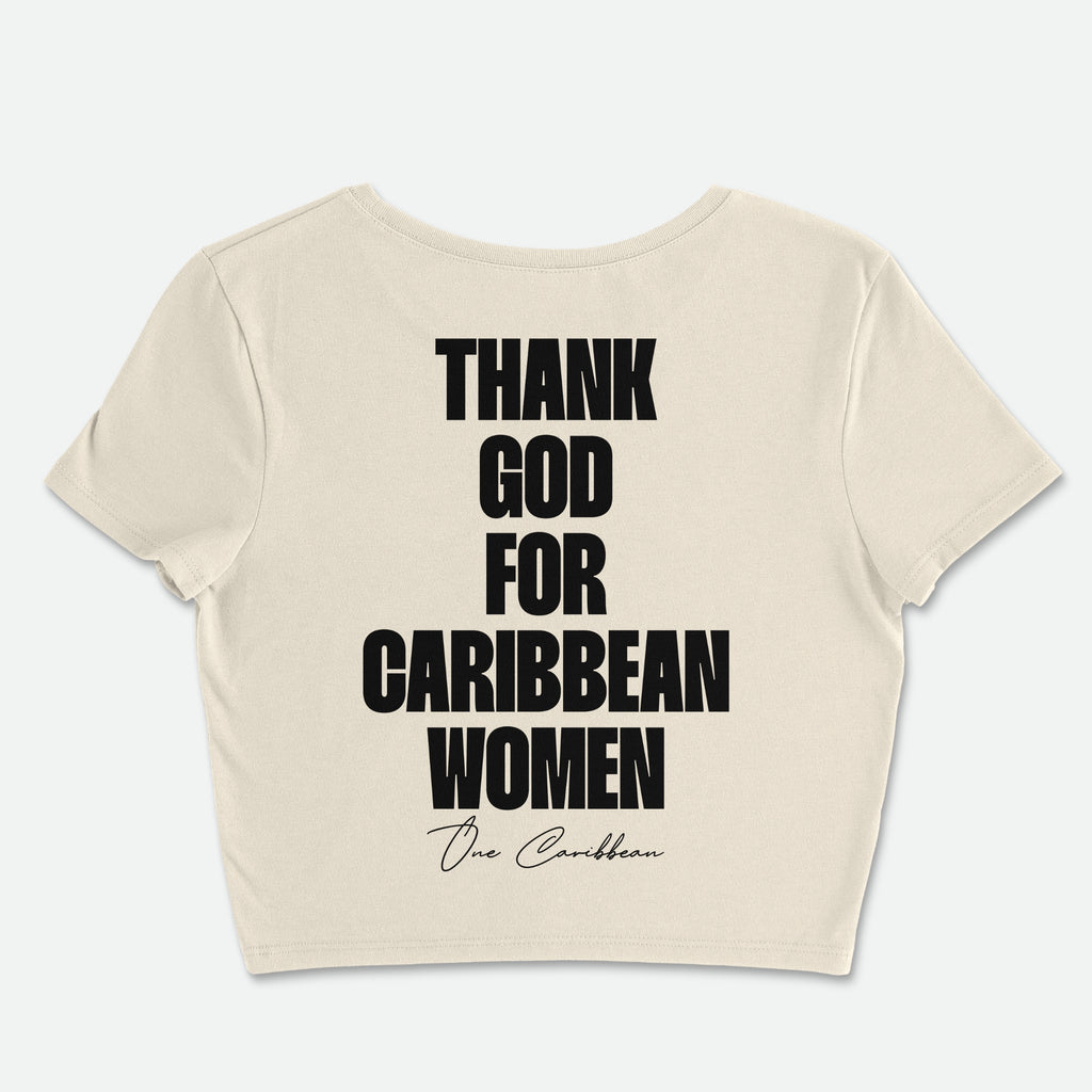 Beige crop top with black text on a white background