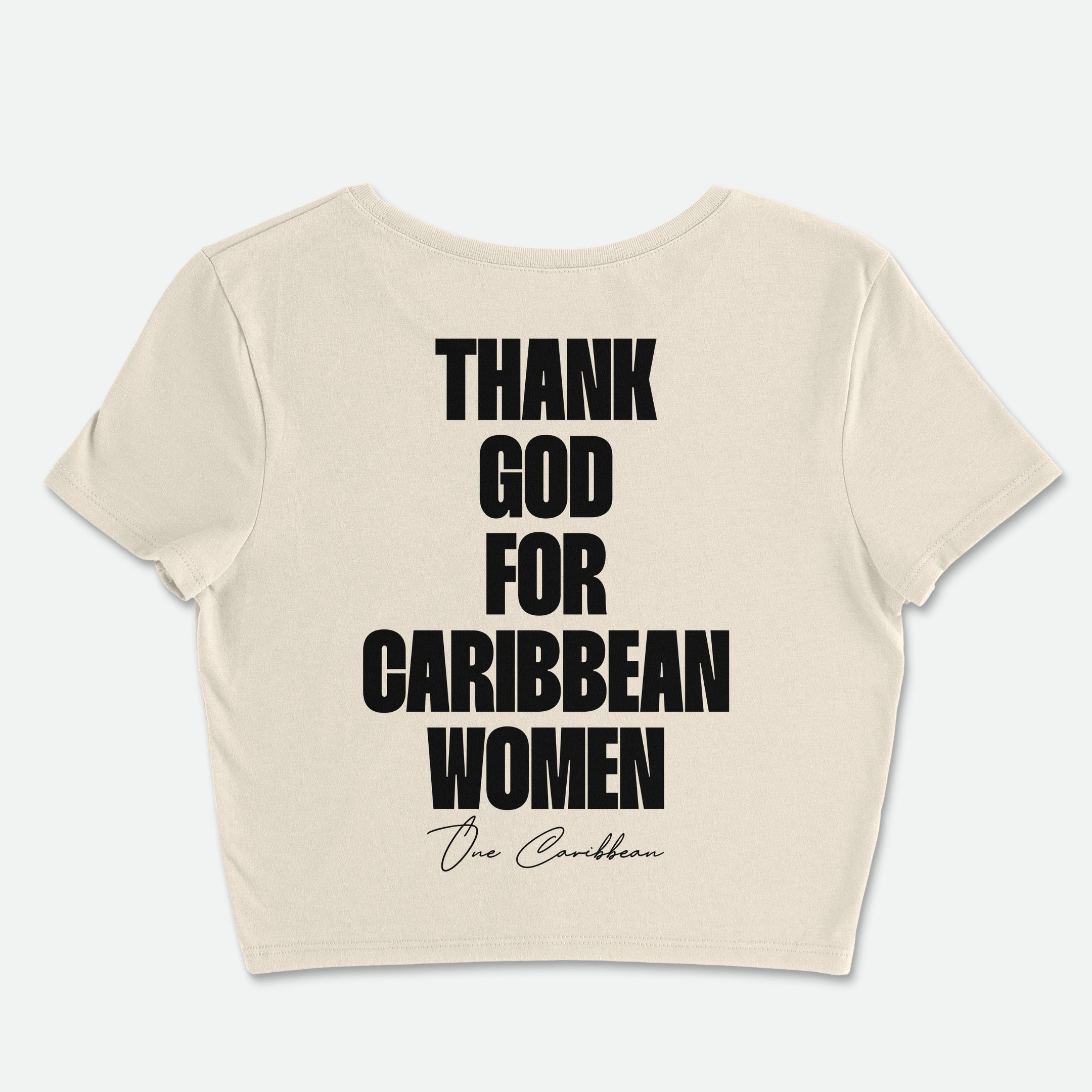 Beige crop top with black text on a white background