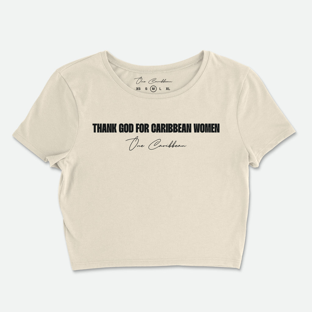 Beige crop top with text on a white background