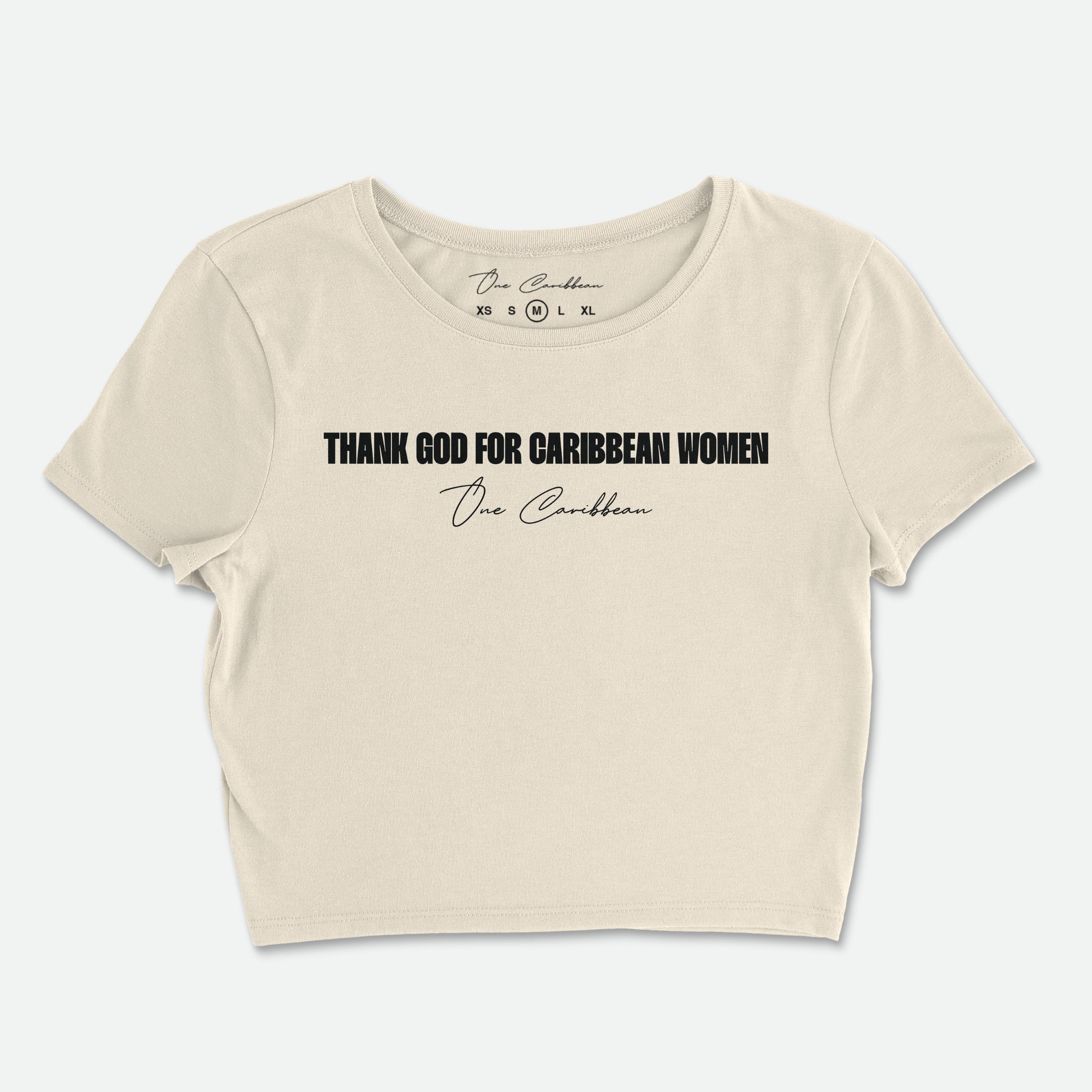 Beige crop top with text on a white background