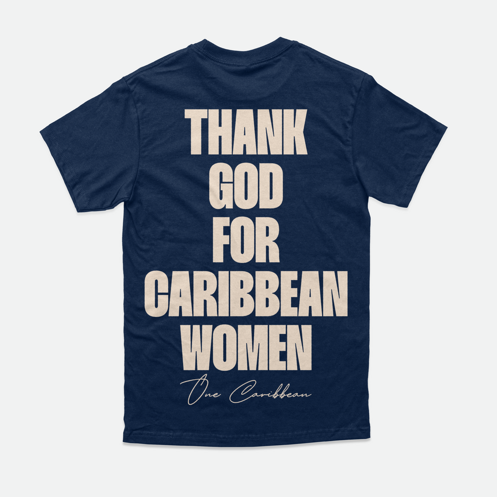 Navy blue t-shirt with the text 'THANK GOD FOR CARIBBEAN WOMEN' printed in white, along with the signature 'One Caribbean' in smaller text.