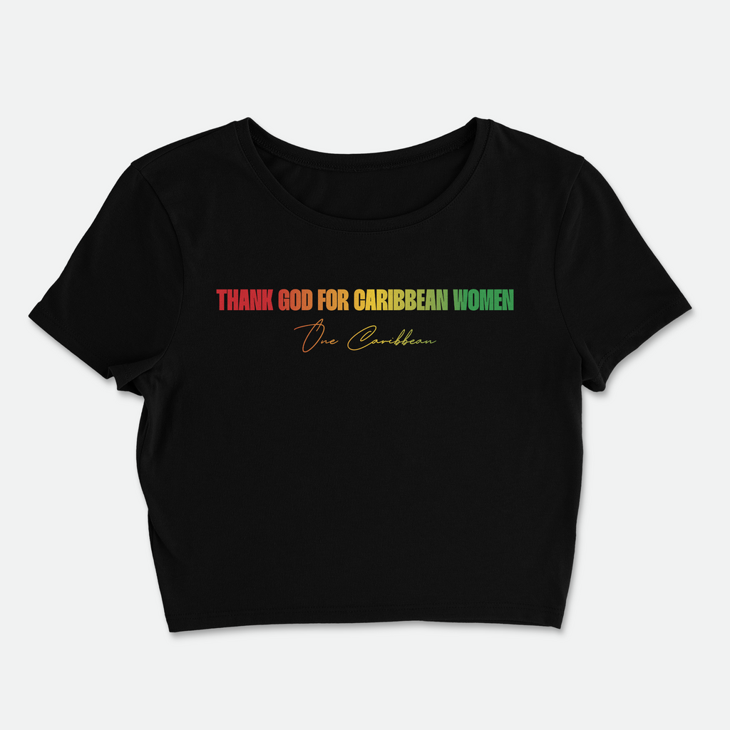Black crop top with colorful text on a white background