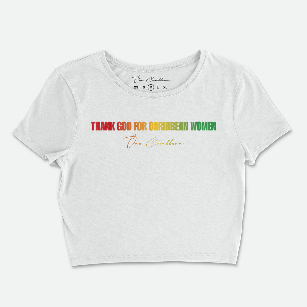 White t-shirt with colorful text on a white background